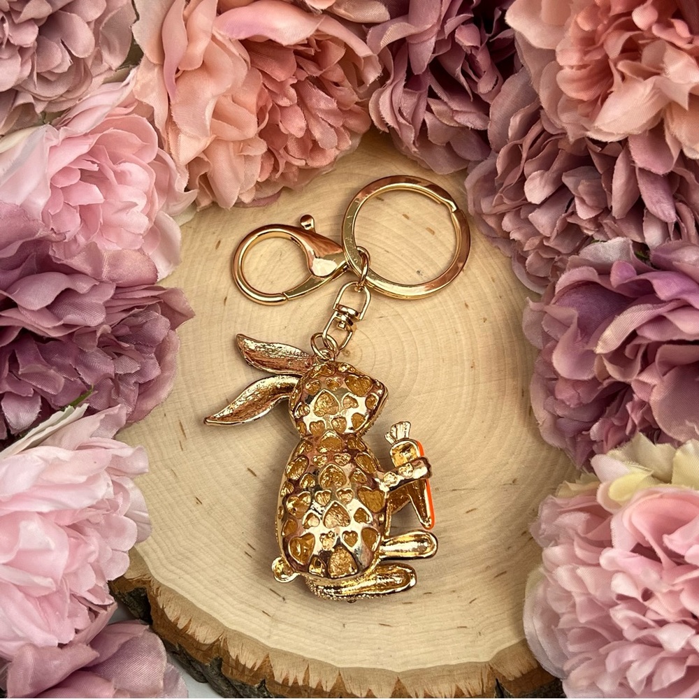 Champagne and Silver Crystal Bunny Rabbit with Carrot Keychain Charm - Picture 12 of 16